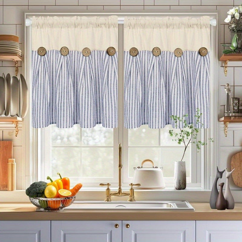 Striped Patchwork Window Curtain Set with Rod-Pocket Top, Six Colors and Five Panel-Count or Size Options