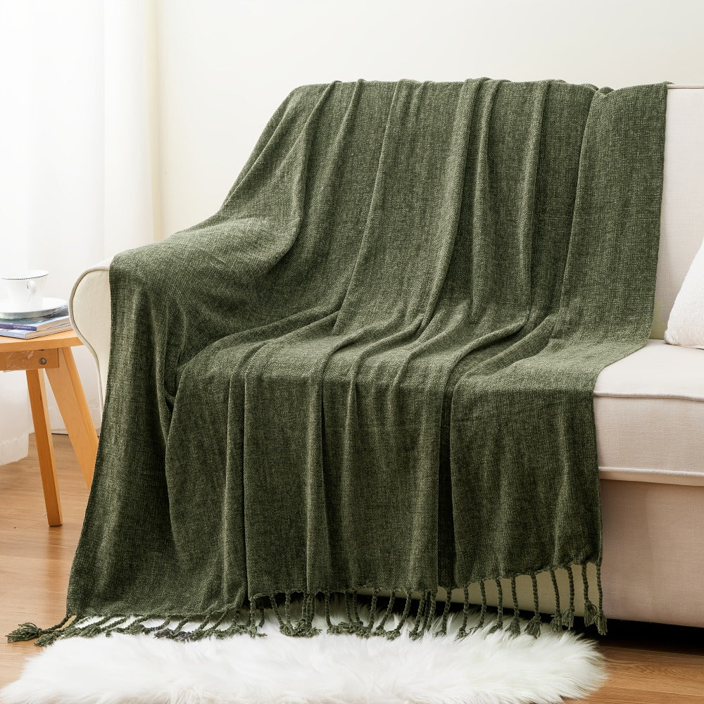 Chenille Fringe Throw Blanket – 180-200gsm Velvety Soft Decorative Throw for Sofa & Couch, Home Decor, 50”×60”, 17 Colors