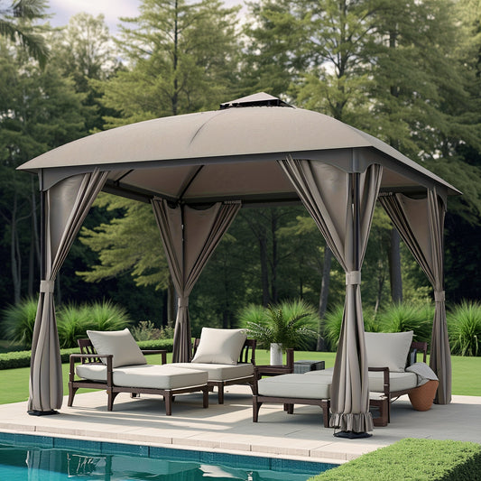 Gazebo Canopy Tent 10x10ft Arch Double Roof Mosquito Net Curtains