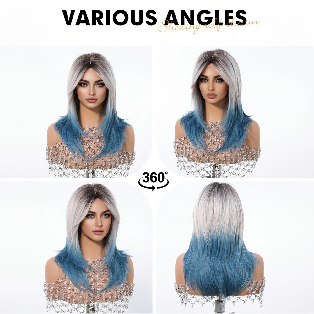Synthetic Wig 22-Inch Gradient Blue Ombre Layers with Bangs, Adjustable Cap and Rose Hair Net