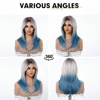Synthetic Wig 22-Inch Gradient Blue Ombre Layers with Bangs, Adjustable Cap and Rose Hair Net