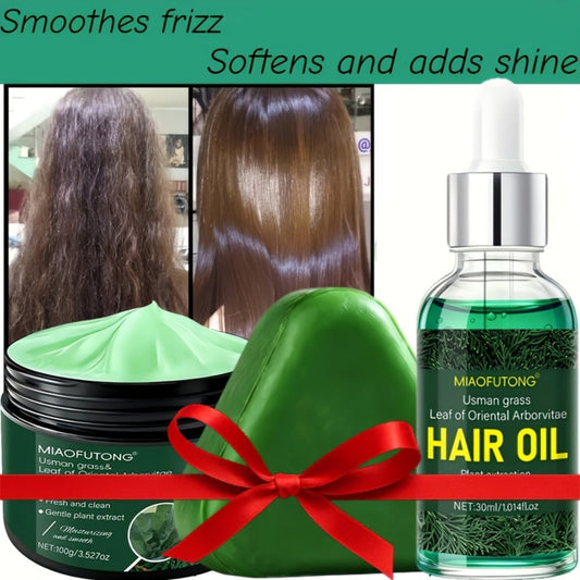 Oily Scalp Herbal Hair Care Set 3-Piece — Shampoo Bar 120g + Hair Growth Essence 1.01oz + Deep Conditioning Hair Mask 100g, Natural Scalp Cleansing Nourishing & Strengthening Bundle All Hair Types