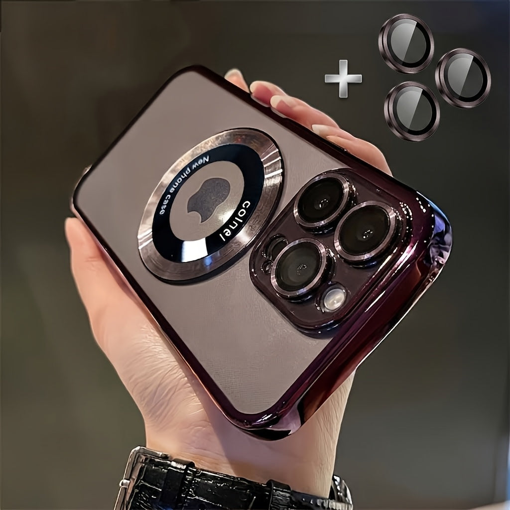 Electroplated Transparent iPhone Case with Hollow Logo Display Built-In Lens Film Magnetic Wireless Charging Shockproof TPU Cover for iPhone 17 16 15 14 13 12 11 Air Pro Max Plus – Luxury Metallic Finish