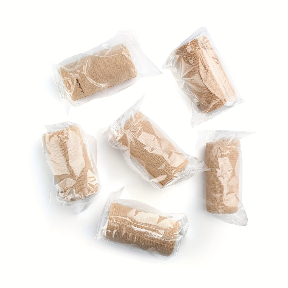 Cohesive Bandage Wrap Six-Pack with 4-Inch by 5-Yard Beige Self-Adhering Nonwoven Rolls for First Aid Kits