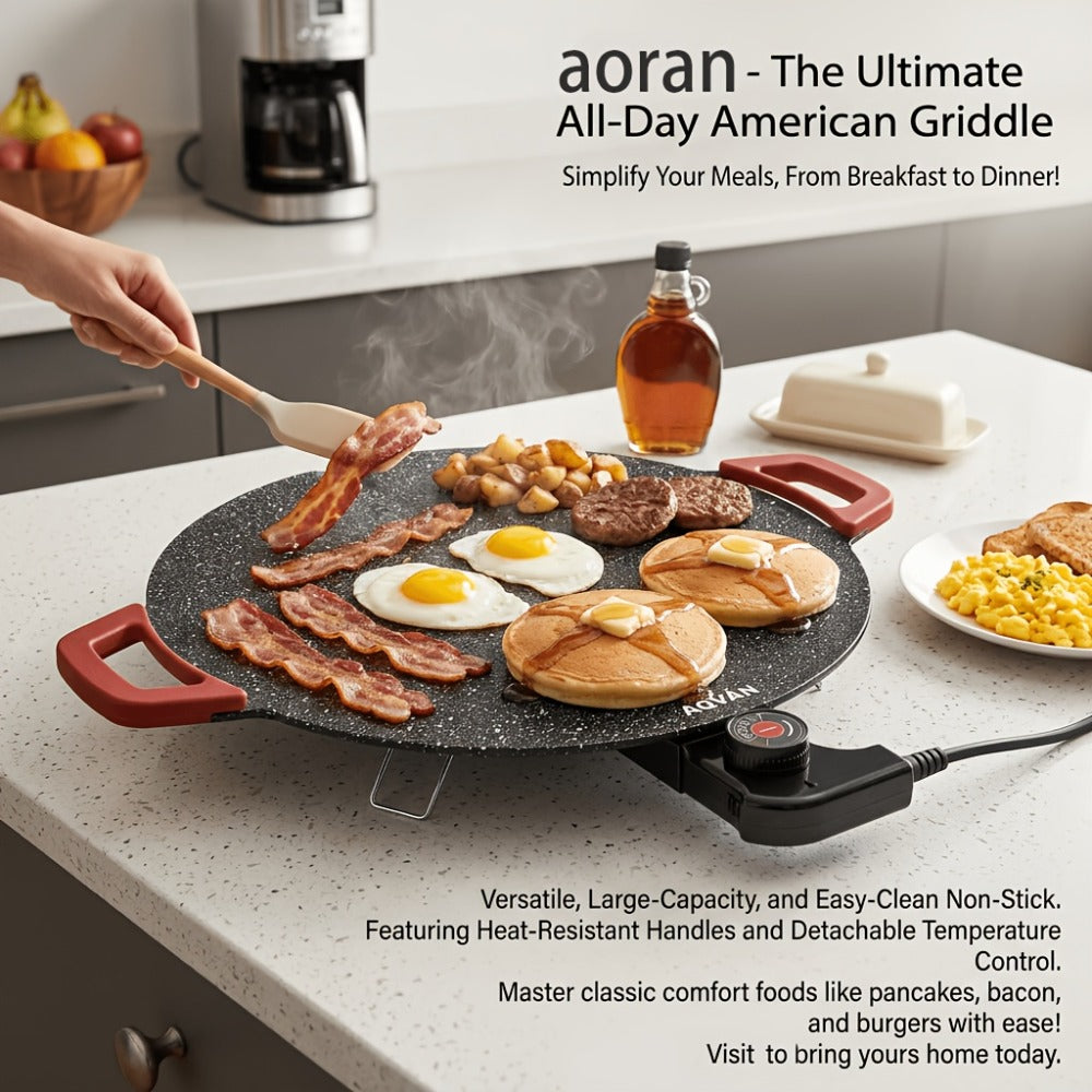 Electric Griddle Non-Stick with Adjustable Temperature – 14.17" & 15.75" Sizes, Fast Heating for Pancakes, Crepes, Pizza & BBQ, Easy Clean Portable Cooking Pan for Breakfast & Family Meals