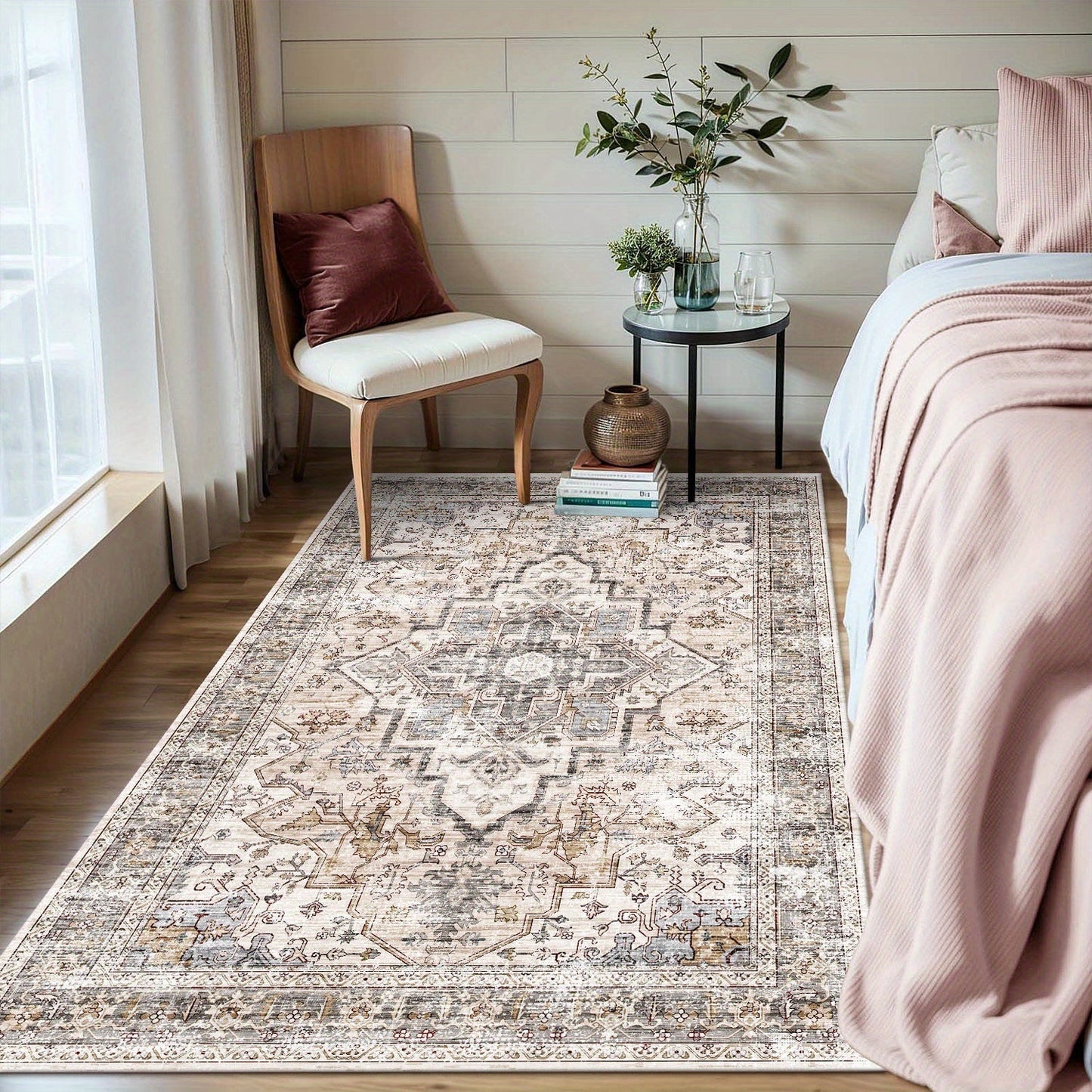 Area Rug Bohemian Retro Design in Beige or Grey with Six Foldable Machine-Washable Room Sizes