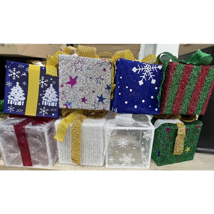 Three-Piece Lighted Gift Box Decoration Set with LED String Lights, Bow Handles and Four Holiday Style Options