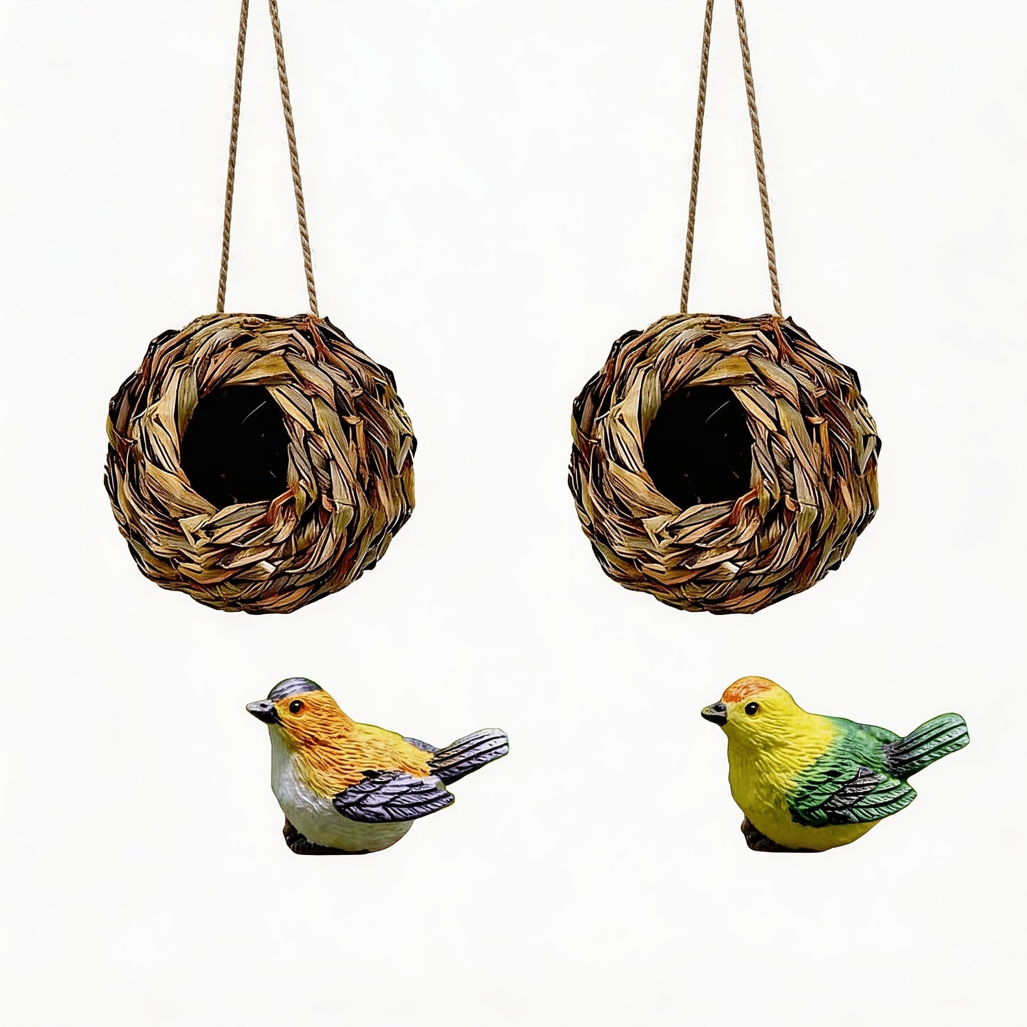 Two-Piece Woven Hanging Bird Nest Set with Round Openings and Optional Pair of Decorative Bird Figures