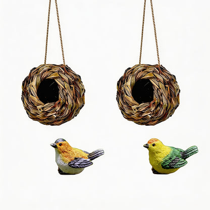 Two-Piece Woven Hanging Bird Nest Set with Round Openings and Optional Pair of Decorative Bird Figures