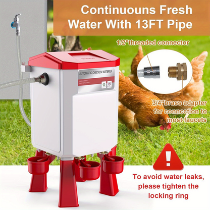 Hose-Connected Automatic Poultry Waterer with Float Valve, Four Cups and Red or Teal Color Options
