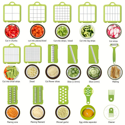 Green 25-in-1 Vegetable Chopper Set with Catch Container, Hand Guard and Interchangeable Cutting Inserts