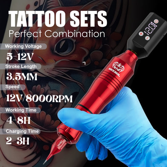 Wireless Tattoo Machine Kit Neebol Screen Display 6-Hour Battery 10 Red Cartridge Needles 7 Inks Practice Skin Complete Tattoo Pen Set for Beginners & Artists Body Art Gift