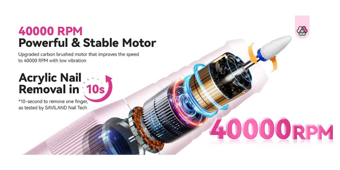 40,000 RPM Rechargeable Nail Drill in Bright Pink with 4000 mAh Battery, LCD Display and Tool Set