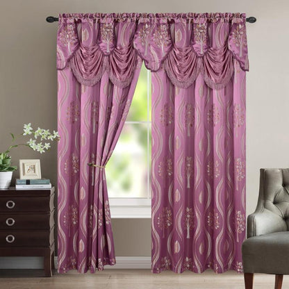 Two-Panel Jacquard Window Curtain Set with Attached Waterfall-Style Valance, 54 x 84-Inch Size and Four Colors