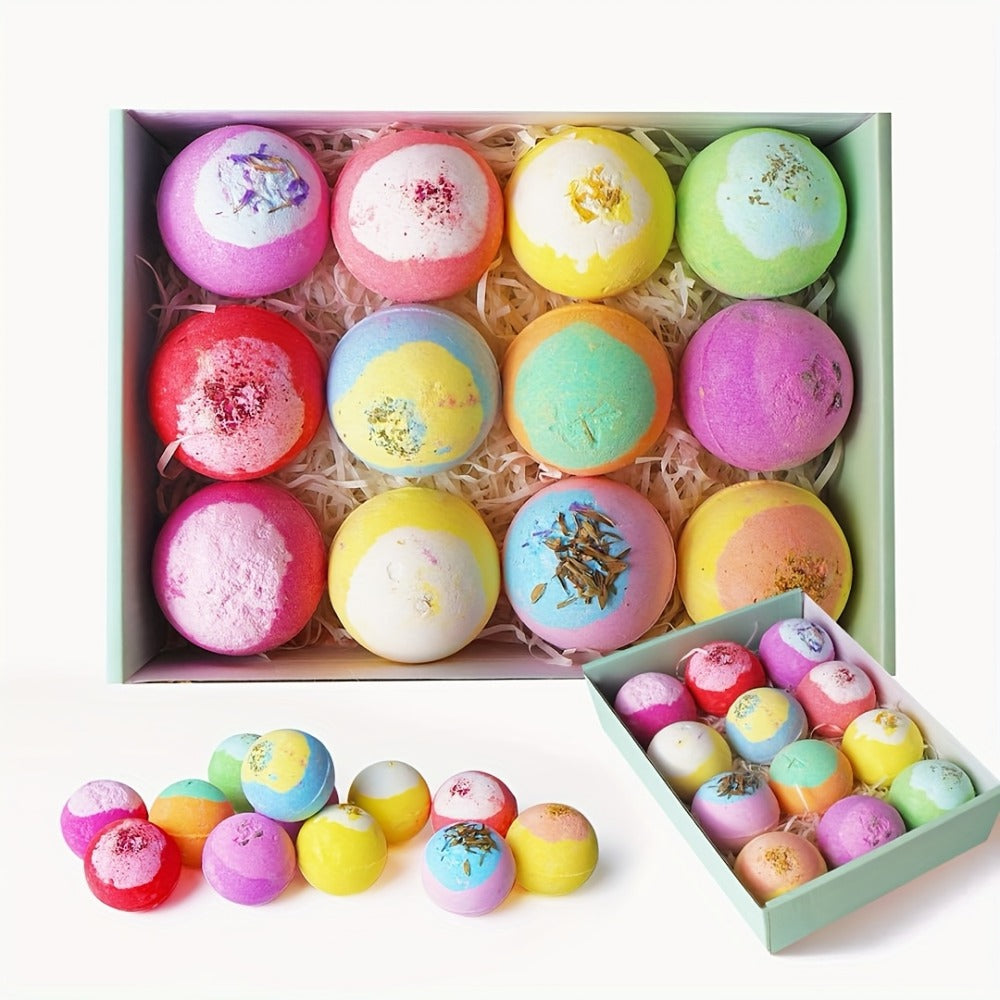 Bath Bombs, 12-Piece Extra-Large Gift Box with Assorted Colors, Labeled Scents and Forest Bath Ball Option
