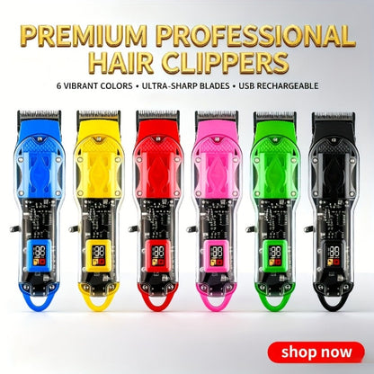 Transparent-Shell Hair Clipper with Digital Display, Six Single-Clipper Colors or Black Three-Piece Grooming Kit