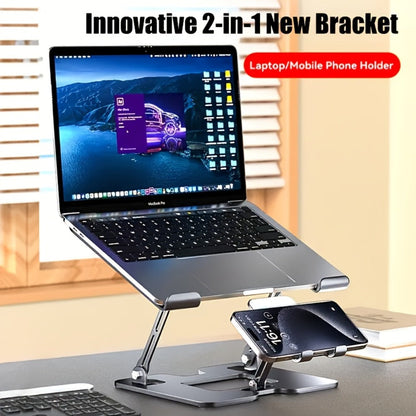 Adjustable Laptop Stand 2-in-1, Carbon Steel Ergonomic Computer & Phone Stand, 180° Height Adjustment, Foldable Portable Desk Stand for MacBook, Tablet, Mobile Phone – Silver/Black