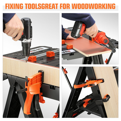 Orange-and-Black Folding 31.1 x 25-Inch Workbench and Sawhorse with Clamps, Blocks and Tool Tray
