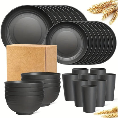 Wheat Straw Dinnerware Set 32/16pcs, Unbreakable Plastic Plates Bowls Cups, Colorful Outdoor Camping Dishes Service for 8