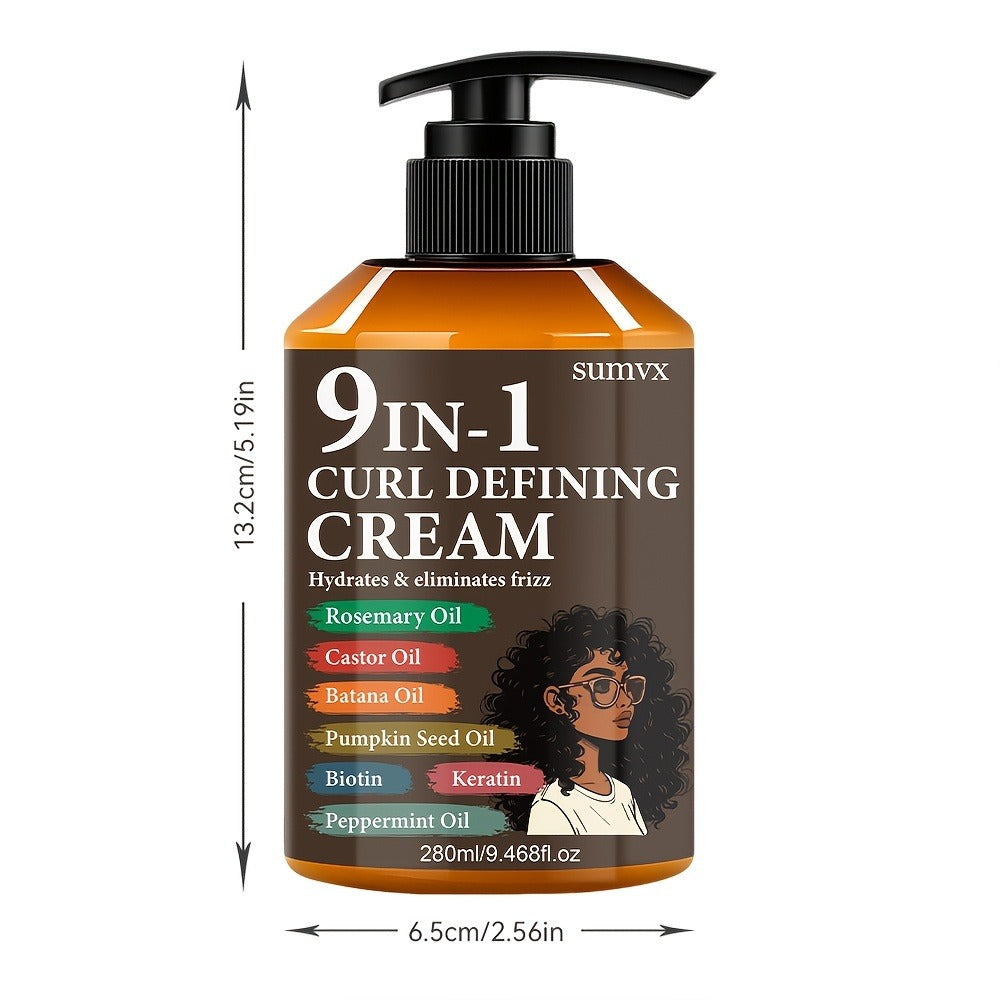 280ml 9-in-1 Curl Defining Cream in Pump Bottle with Pictured Botanical Ingredient Blend for Wavy Hair