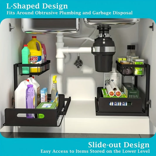 Under Sink Storage Organizer 2-Tier Slide-Out Shelf in 1 or 2 Packs and Three Color Options