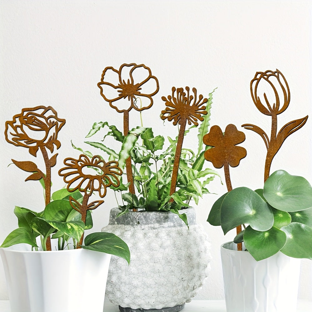 Rustic Flat Metal Flower Garden Stakes, Six-Piece Rose, Daisy and Botanical Set for Pots and Borders