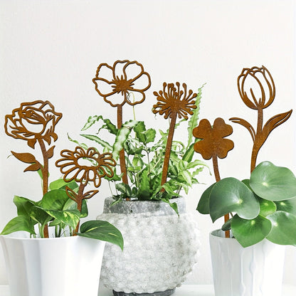 Rustic Flat Metal Flower Garden Stakes, Six-Piece Rose, Daisy and Botanical Set for Pots and Borders