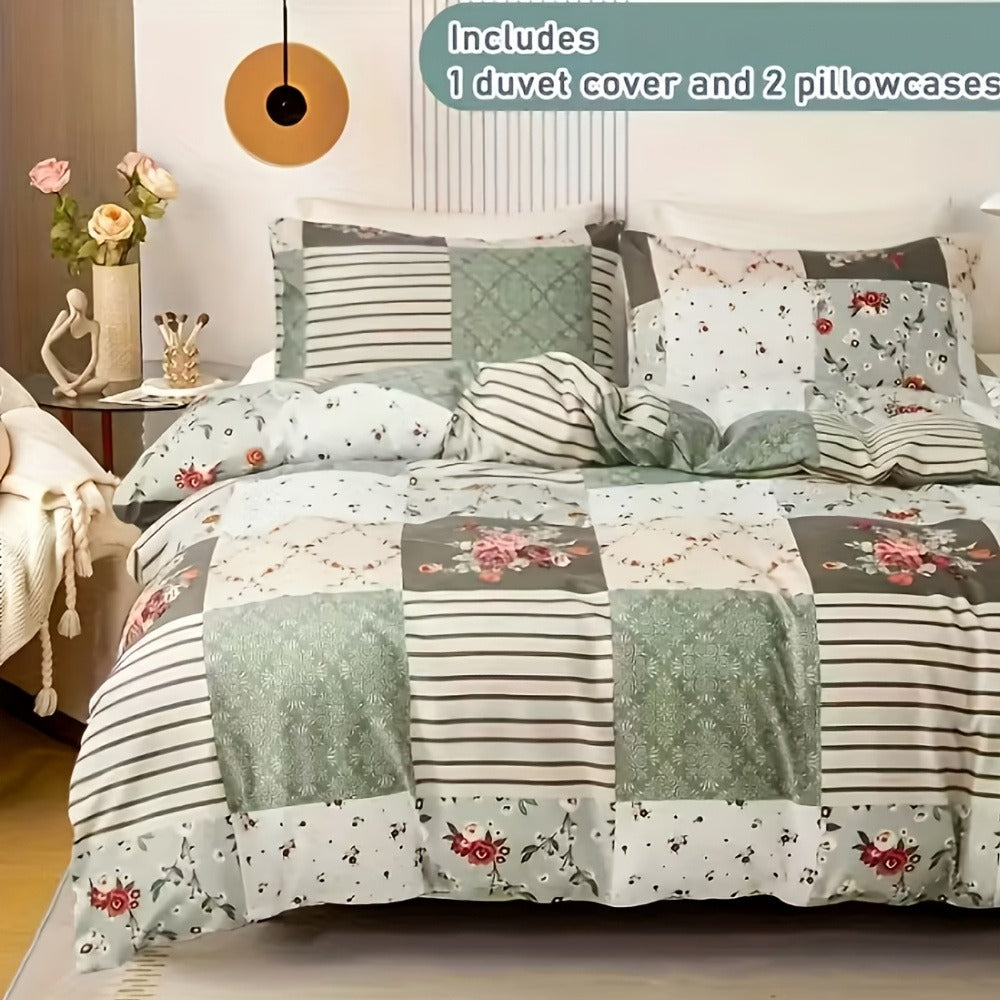 3-Piece Duvet Cover Set with Floral Patchwork Print in Blue, Green or Pink and Four Size Options