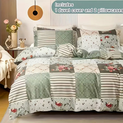 3-Piece Duvet Cover Set with Floral Patchwork Print in Blue, Green or Pink and Four Size Options