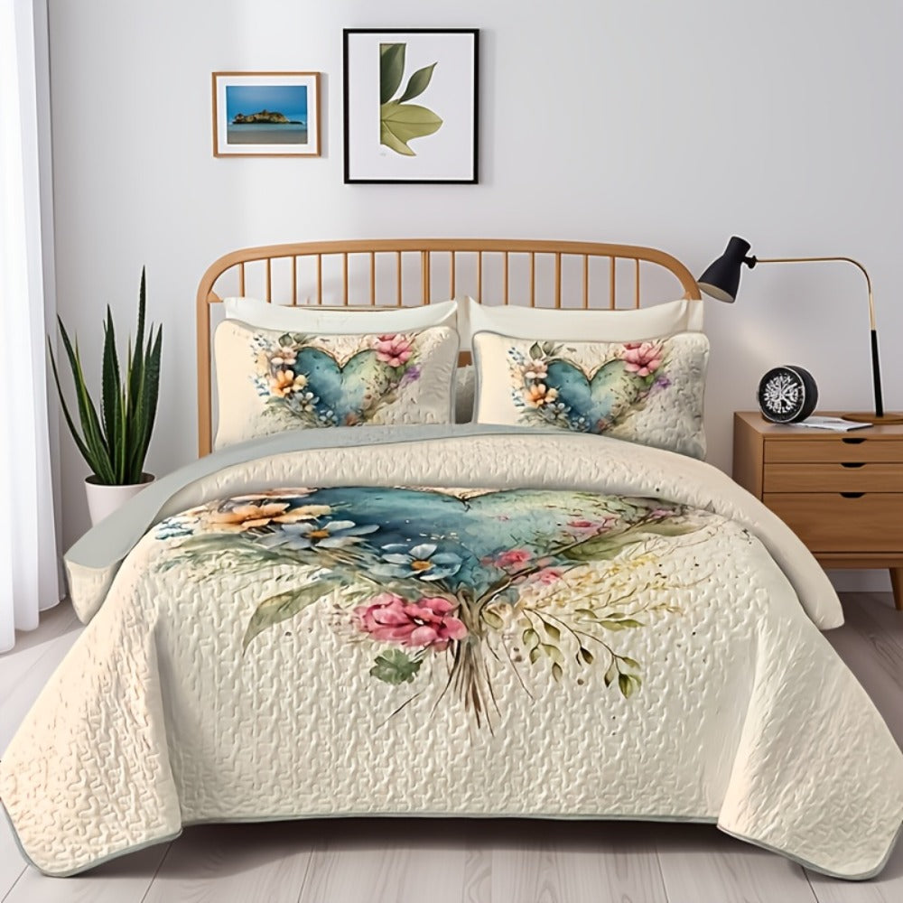 Watercolor Floral Quilt Set with Botanical Heart Print in Polychrome Twin, Full/Queen or King Sizes