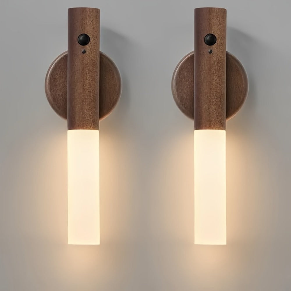 Night Light Motion Sensor Wall Lamp 2-Pack with USB Rechargeable Power, Magnetic Mount and Two Wood-Tone Finishes