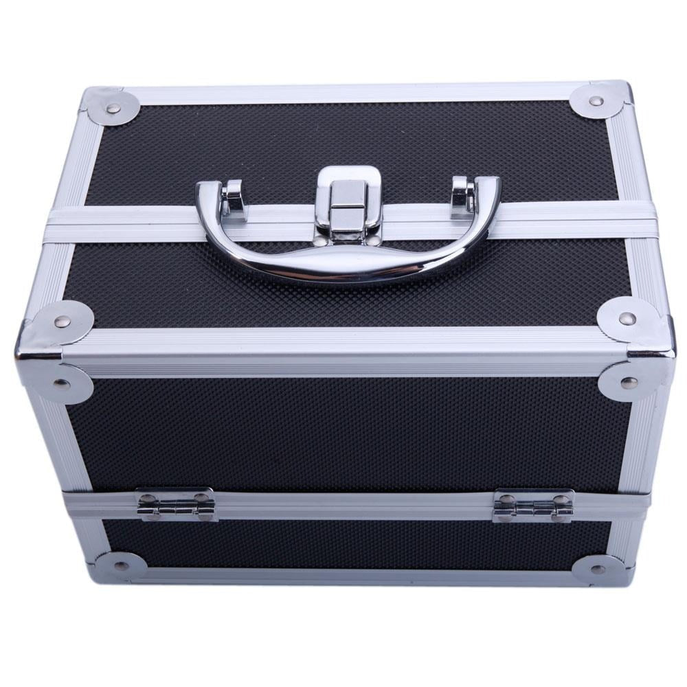 Tabletop Makeup Carry Case with Mirror, Fold-Out Trays and Dividers in Black, Silver or Pink