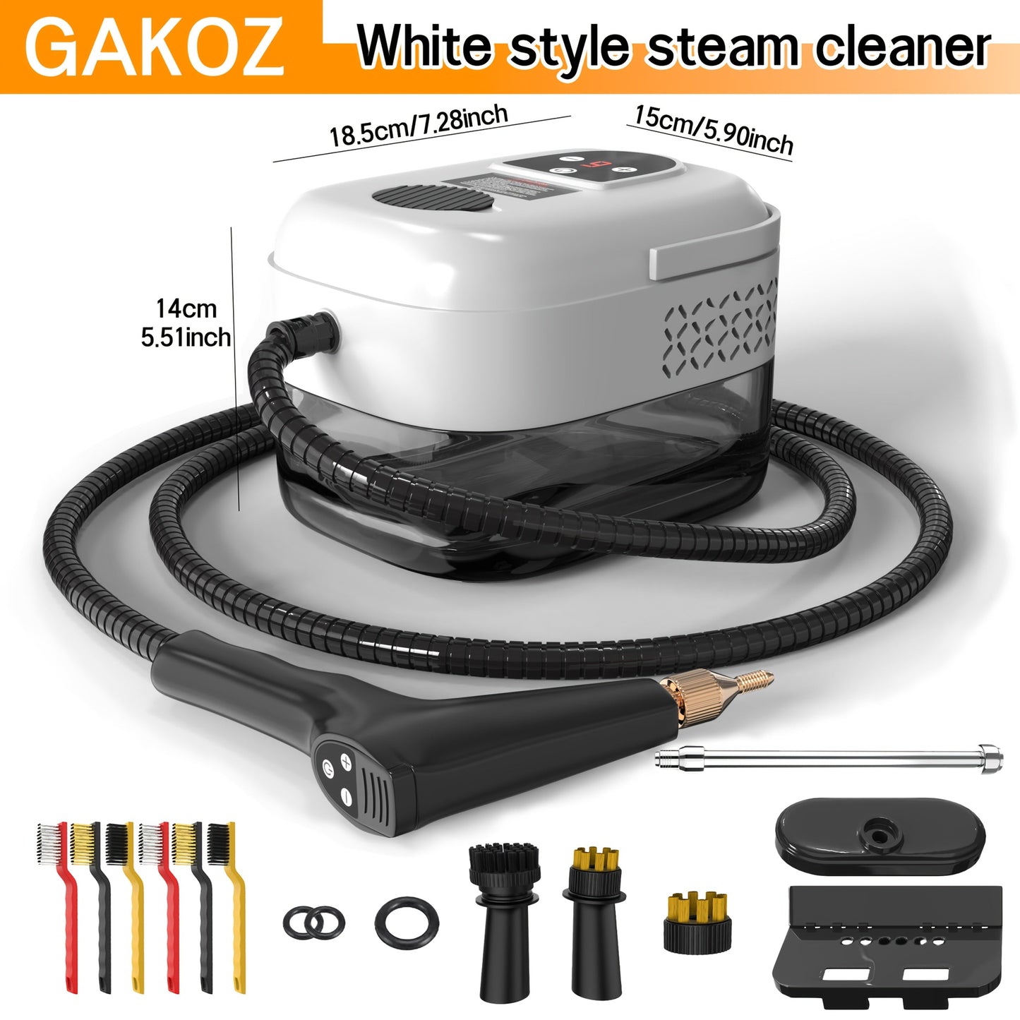 Steam Cleaner by GAKOZ, Canister Kit with Handheld Wand, Flexible Hose, Brush Heads and Glass Scraper Options