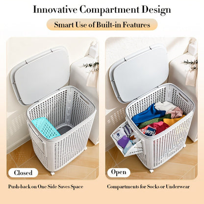 Large Wheeled Laundry Hamper with Foldable Basket, Side Pockets, Lid and Exact Basket-and-Wheels Option