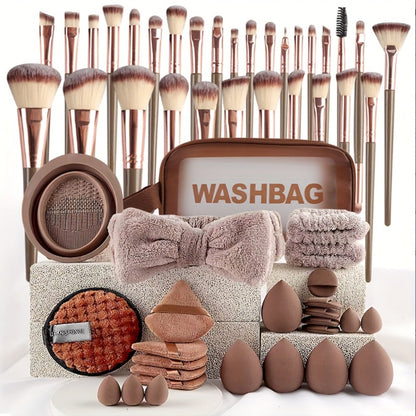 Makeup Brush Set, 56-Piece Polyester Bristle Collection with Wood Handles in Beige, Pink or Brown Color Options