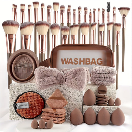 Professional Makeup Brush Set 56Pcs Complete Kit with Soft Synthetic Bristles & Wood Handles – Foundation Blush Contour Eye Shadow Powder Brushes for Women Beginners & Pros – Beige Pink Brown