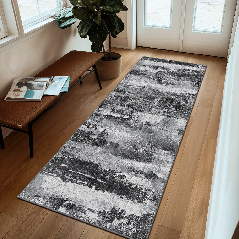 Area Rug, Dark Abstract Polyester Floor Carpet in Runner and Room Sizes with Rubber-Latex Backing and Machine-Wash Care
