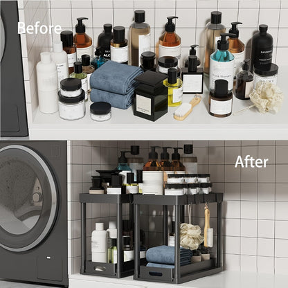 Under Sink Organizer 2pcs Double Tier Sliding Storage Basket with 8 Hooks – Kitchen Bathroom Cabinet Rack Shelf