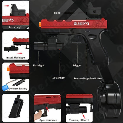 Compact Red-and-Black Electric Gel Blaster Set with Drum, Two Magazines, Sight, Goggles and USB Cable