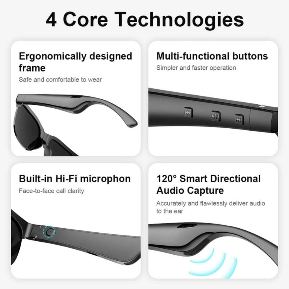 Open-Ear Audio Glasses with Bluetooth Built-In Speaker & Mic – Hands-Free Calls & Music | Lightweight Smart Eyewear for Cycling Driving Fishing Hiking Travel Office | Black & White | Wearable Tech Gift