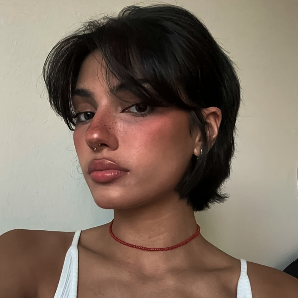 Wig Short Curly Wavy Pixie Bob in Natural Black, 6-Inch Human Hair with Bangs and Rose Net Cap