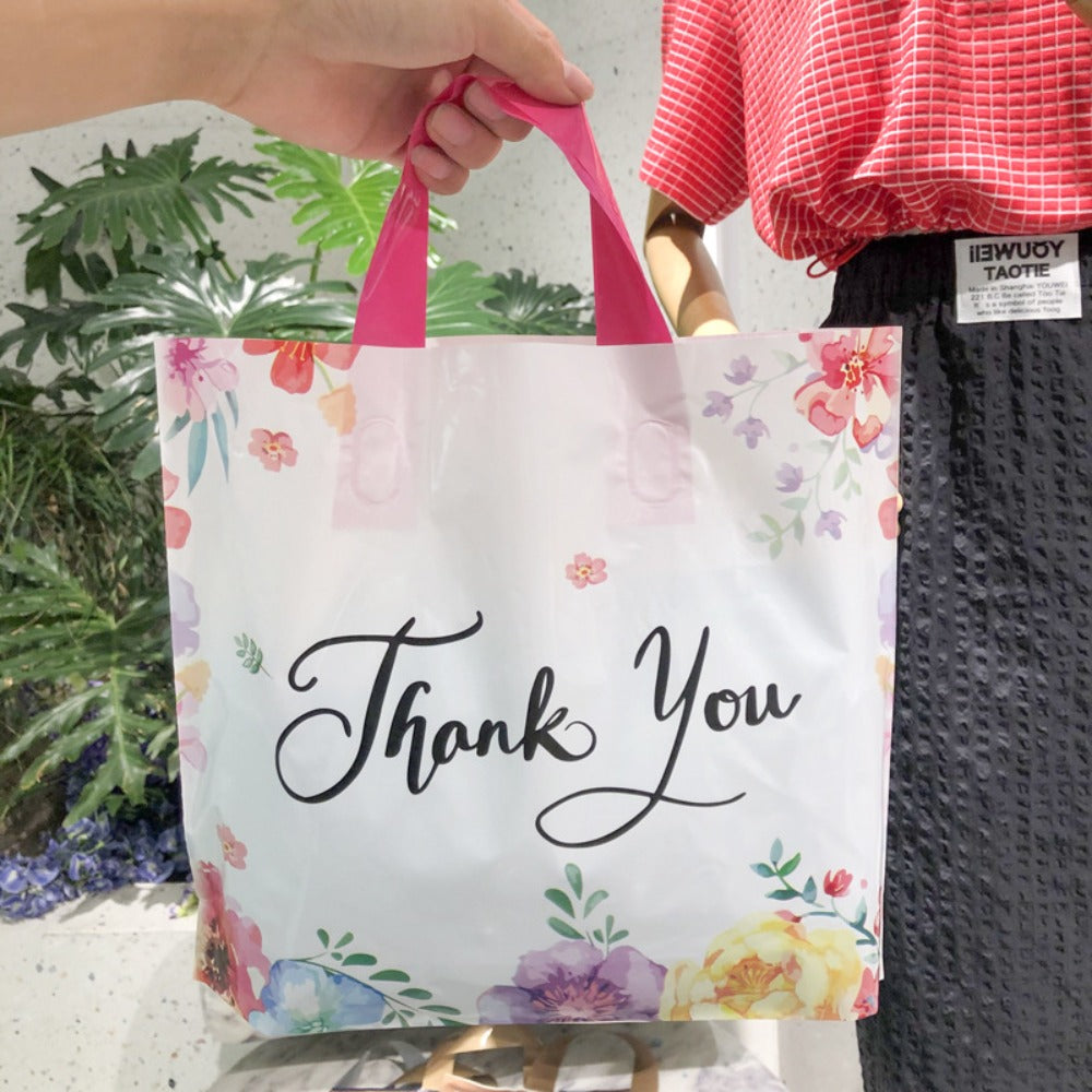 Fifty-Piece Floral Thank You Gift Bag Set with Soft Loop Handles and Printed Front and Back Panels