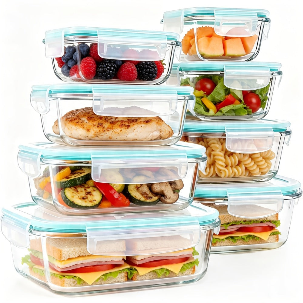 Sixteen-Piece Glass Food Storage Set with Eight Bowls and Eight Lids in Four Color Configurations