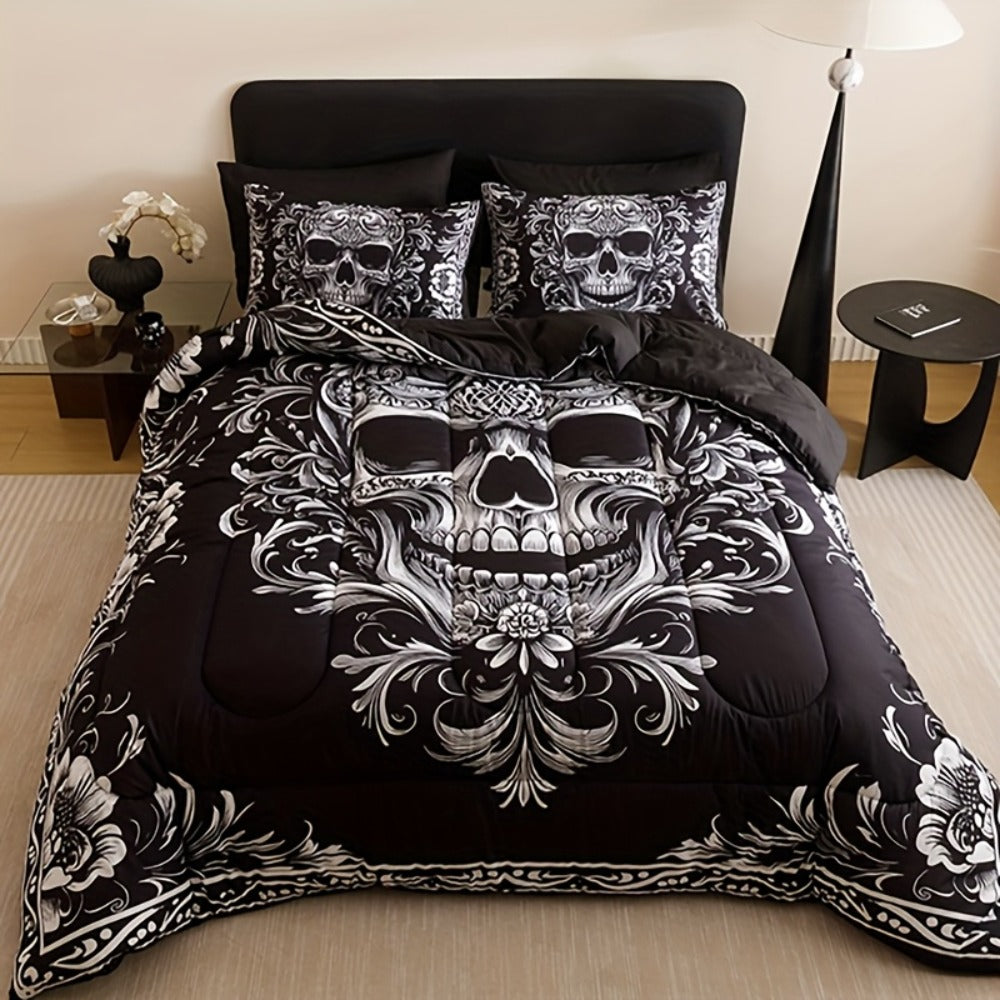Gothic Skull Comforter Set with Two Pillowcases, Two Design Labels and Twin through King Sizes