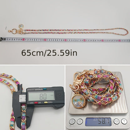 Purple Rose Pattern Phone Crossbody Chain Lanyard with Round Disc Charm and Pictured 65 cm Length