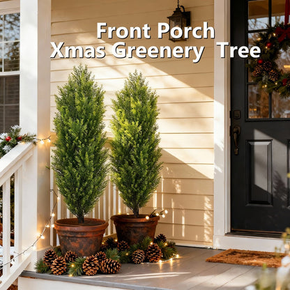 Two-Pack Artificial Cedar Topiary Trees with 4, 5 or 6 ft Height Options and Optional 16-Inch Black Planters