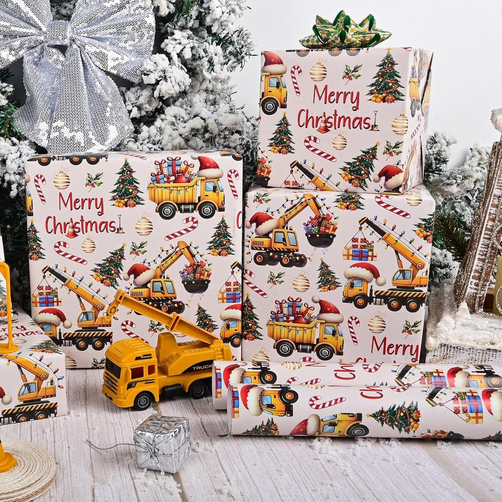 Construction Vehicle Christmas Wrapping Paper Roll with Dump Trucks, Excavators and Tractors