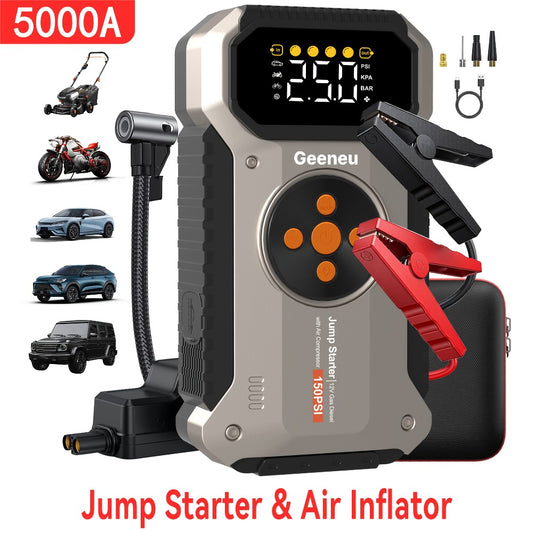 5000A Peak Jump Starter with Air Compressor 150PSI Digital Tire Inflator for 12V Gas Diesel Vehicles - Portable Car Battery Booster USB Charging LED Emergency