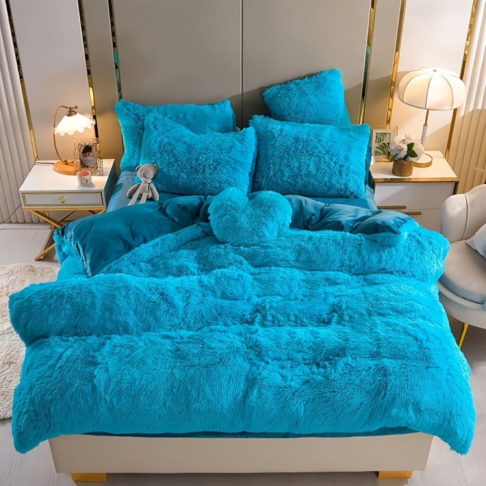 Plush Faux Fur Duvet Cover Set with Heart Pillow, Corner Ties and Twin, Queen or King Sizes in Eight Colors