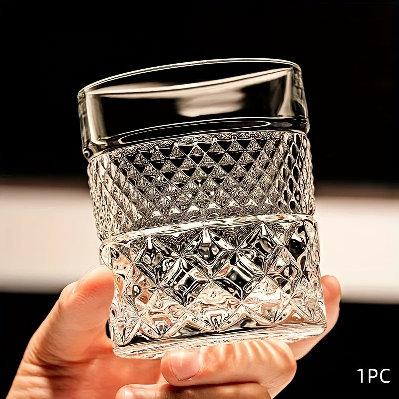 Single Embossed Whiskey Tumbler with Square Rim, Diamond-Cut Pattern and Thick Clear Base for Home Bar Service